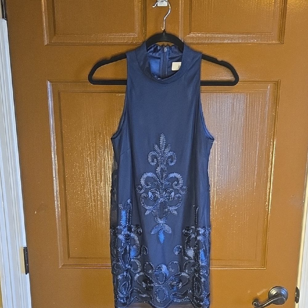 Badgely Mischka-Navy net high neck top with embroidered detail and slits Sz 4.